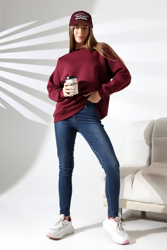 Şardonlu Bisiklet Yaka Oversize Sweatshirt 21620 BORDO