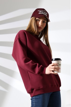 Şardonlu Bisiklet Yaka Oversize Sweatshirt 21620 BORDO