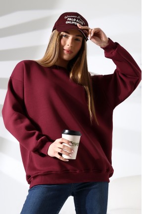 Şardonlu Bisiklet Yaka Oversize Sweatshirt 21620 BORDO