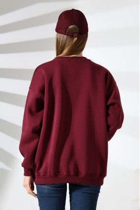 Şardonlu Bisiklet Yaka Oversize Sweatshirt 21620 BORDO