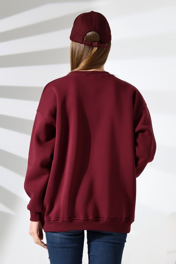 Şardonlu Bisiklet Yaka Oversize Sweatshirt 21620 BORDO