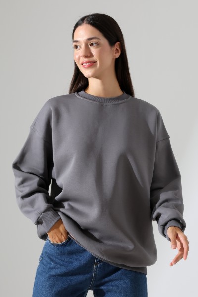 Şardonlu Bisiklet Yaka Oversize Sweatshirt 21620 BOYALI GRİ
