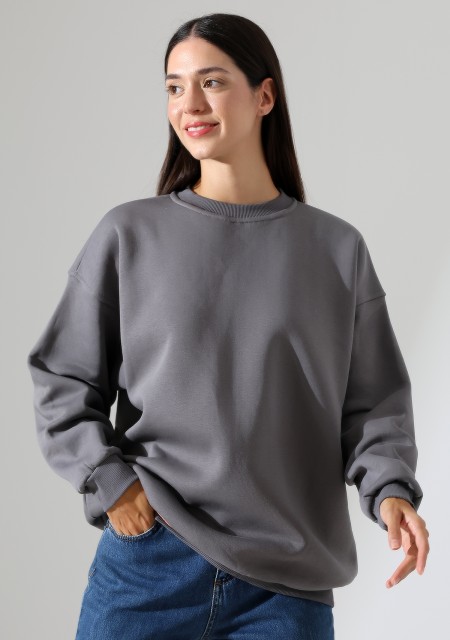 Şardonlu Bisiklet Yaka Oversize Sweatshirt 21620 BOYALI GRİ