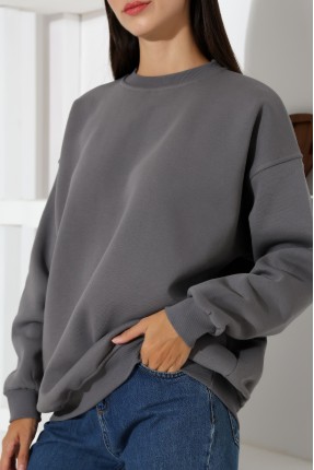 Şardonlu Bisiklet Yaka Oversize Sweatshirt 21620 BOYALI GRİ