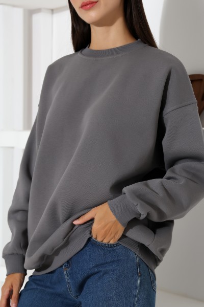 Şardonlu Bisiklet Yaka Oversize Sweatshirt 21620 BOYALI GRİ