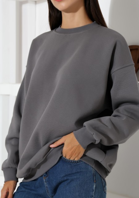 Şardonlu Bisiklet Yaka Oversize Sweatshirt 21620 BOYALI GRİ