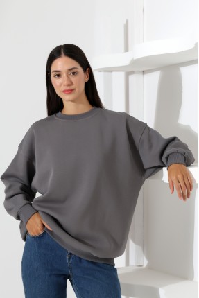 Şardonlu Bisiklet Yaka Oversize Sweatshirt 21620 BOYALI GRİ