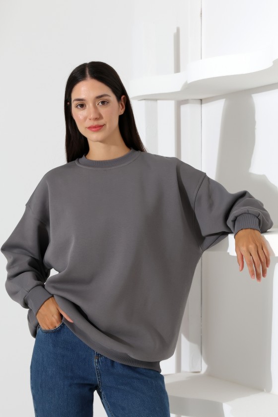 Şardonlu Bisiklet Yaka Oversize Sweatshirt 21620 BOYALI GRİ