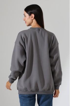 Şardonlu Bisiklet Yaka Oversize Sweatshirt 21620 BOYALI GRİ