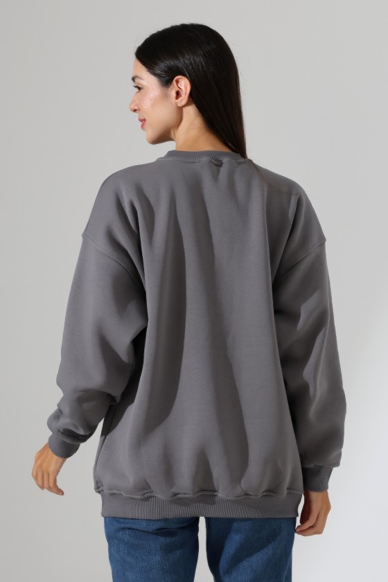 Şardonlu Bisiklet Yaka Oversize Sweatshirt 21620 BOYALI GRİ