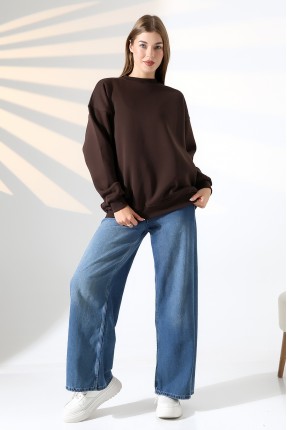 Şardonlu Bisiklet Yaka Oversize Sweatshirt 21620 KAHVE
