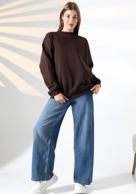 Şardonlu Bisiklet Yaka Oversize Sweatshirt 21620 KAHVE
