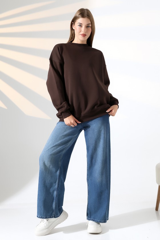 Şardonlu Bisiklet Yaka Oversize Sweatshirt 21620 KAHVE
