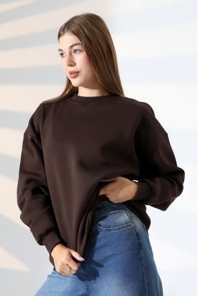 Şardonlu Bisiklet Yaka Oversize Sweatshirt 21620 KAHVE