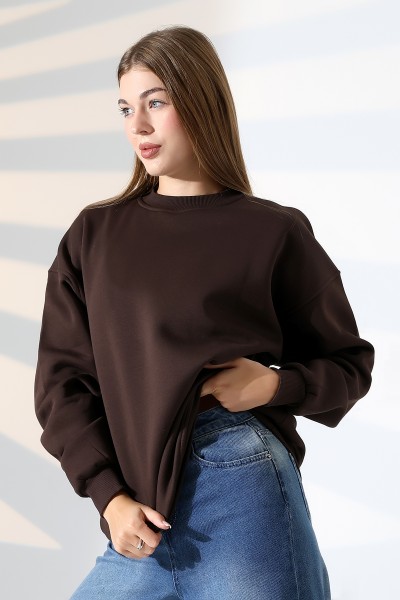 Şardonlu Bisiklet Yaka Oversize Sweatshirt 21620 KAHVE