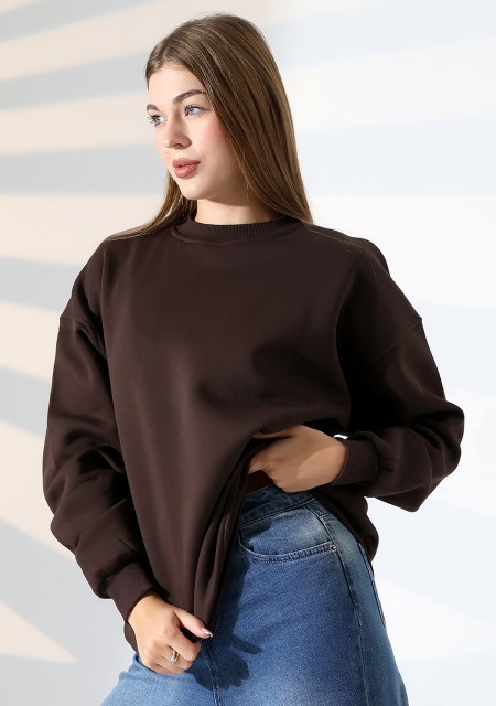 Şardonlu Bisiklet Yaka Oversize Sweatshirt 21620 KAHVE