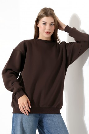Şardonlu Bisiklet Yaka Oversize Sweatshirt 21620 KAHVE