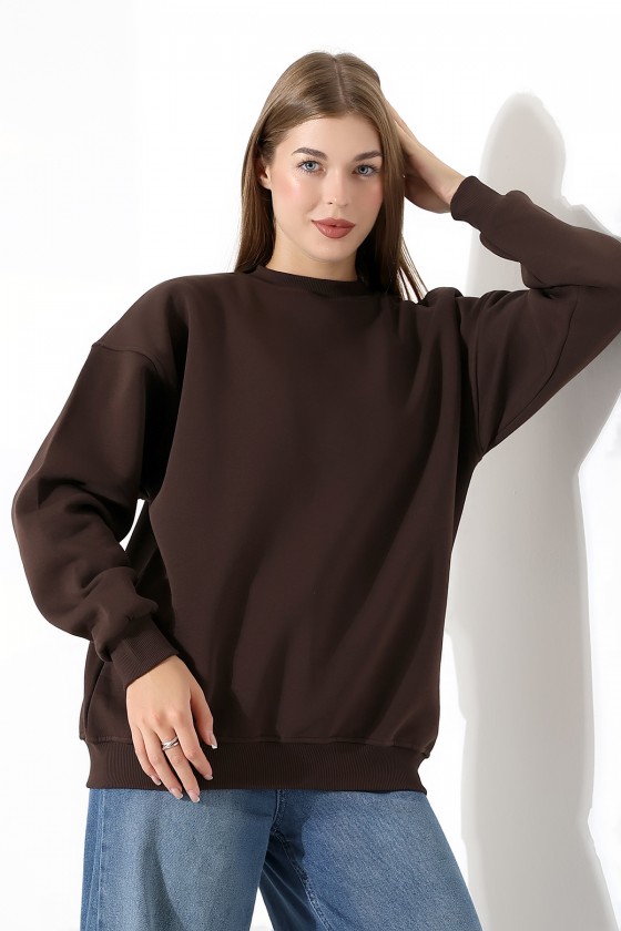 Şardonlu Bisiklet Yaka Oversize Sweatshirt 21620 KAHVE