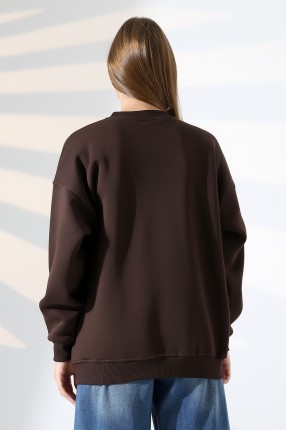 Şardonlu Bisiklet Yaka Oversize Sweatshirt 21620 KAHVE