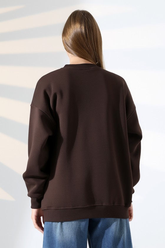 Şardonlu Bisiklet Yaka Oversize Sweatshirt 21620 KAHVE