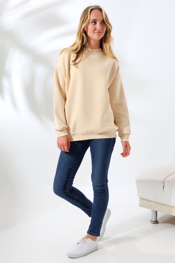 Şardonlu Bisiklet Yaka Oversize Sweatshirt 21620 TAŞ