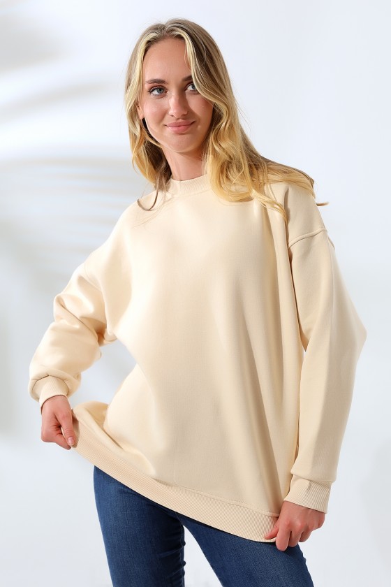 Şardonlu Bisiklet Yaka Oversize Sweatshirt 21620 TAŞ