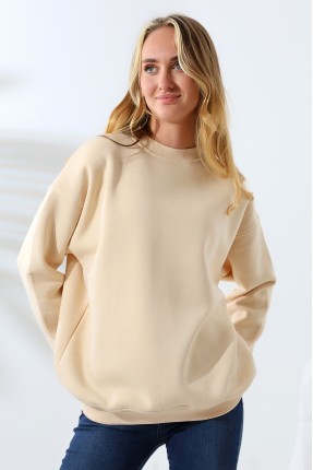 Şardonlu Bisiklet Yaka Oversize Sweatshirt 21620 TAŞ