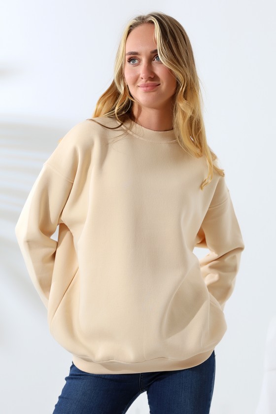 Şardonlu Bisiklet Yaka Oversize Sweatshirt 21620 TAŞ