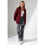 Şardonlu Fermuarlı Kapüşonlu Oversize Sweatshirt 21618 BORDO