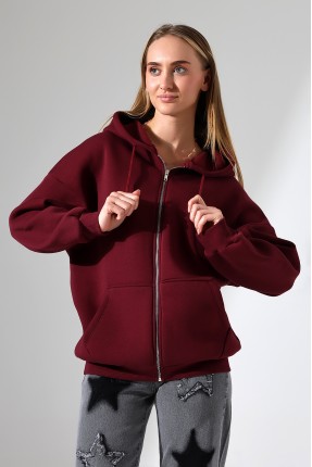 Şardonlu Fermuarlı Kapüşonlu Oversize Sweatshirt 21618 BORDO