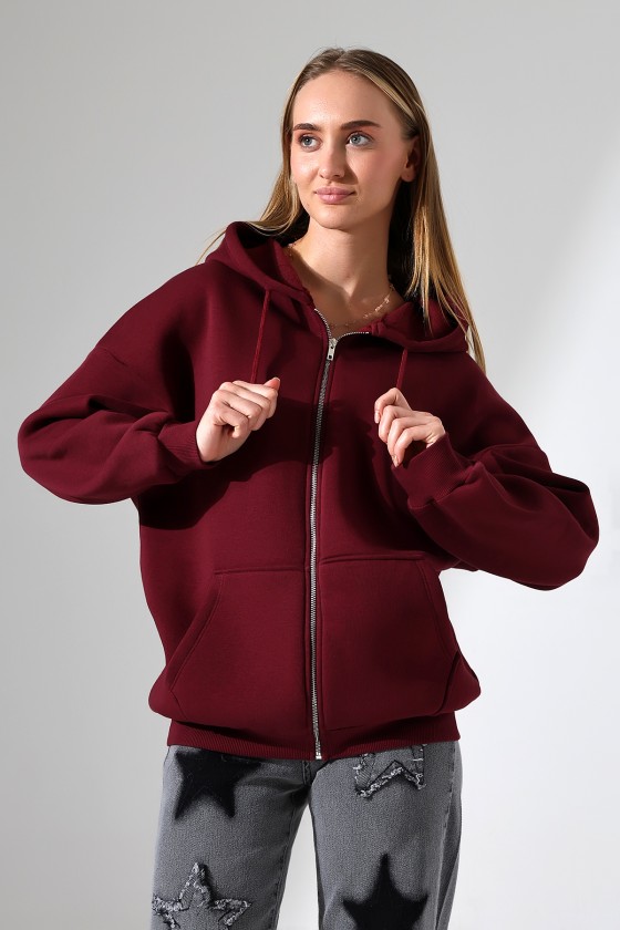 Şardonlu Fermuarlı Kapüşonlu Oversize Sweatshirt 21618 BORDO