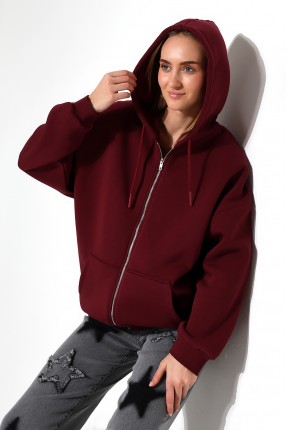 Şardonlu Fermuarlı Kapüşonlu Oversize Sweatshirt 21618 BORDO