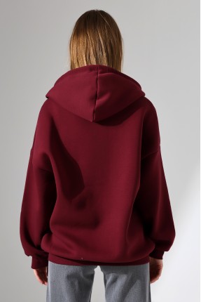 Şardonlu Fermuarlı Kapüşonlu Oversize Sweatshirt 21618 BORDO