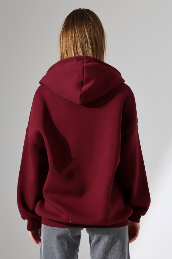 Şardonlu Fermuarlı Kapüşonlu Oversize Sweatshirt 21618 BORDO