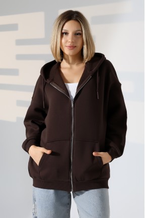 Şardonlu Fermuarlı Kapüşonlu Oversize Sweatshirt 21618 KAHVE