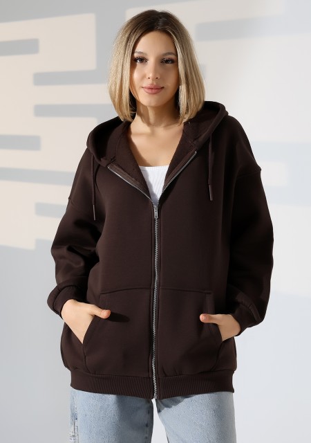 Şardonlu Fermuarlı Kapüşonlu Oversize Sweatshirt 21618 KAHVE