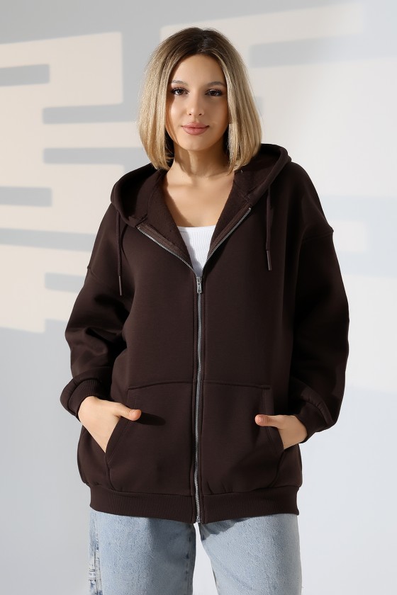 Şardonlu Fermuarlı Kapüşonlu Oversize Sweatshirt 21618 KAHVE