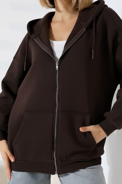 Şardonlu Fermuarlı Kapüşonlu Oversize Sweatshirt 21618 KAHVE