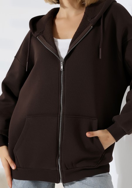 Şardonlu Fermuarlı Kapüşonlu Oversize Sweatshirt 21618 KAHVE