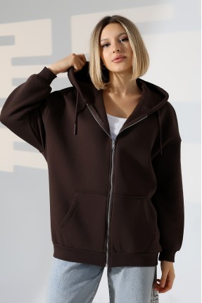 Şardonlu Fermuarlı Kapüşonlu Oversize Sweatshirt 21618 KAHVE