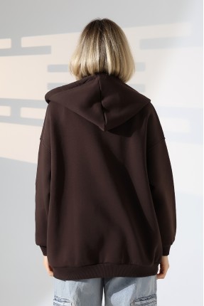 Şardonlu Fermuarlı Kapüşonlu Oversize Sweatshirt 21618 KAHVE
