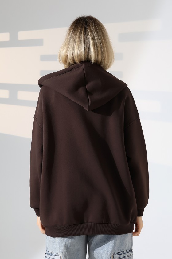 Şardonlu Fermuarlı Kapüşonlu Oversize Sweatshirt 21618 KAHVE