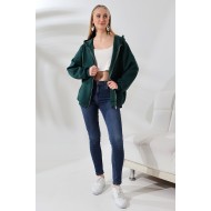 Şardonlu Fermuarlı Kapüşonlu Oversize Sweatshirt 21618 KOYU YEŞİL