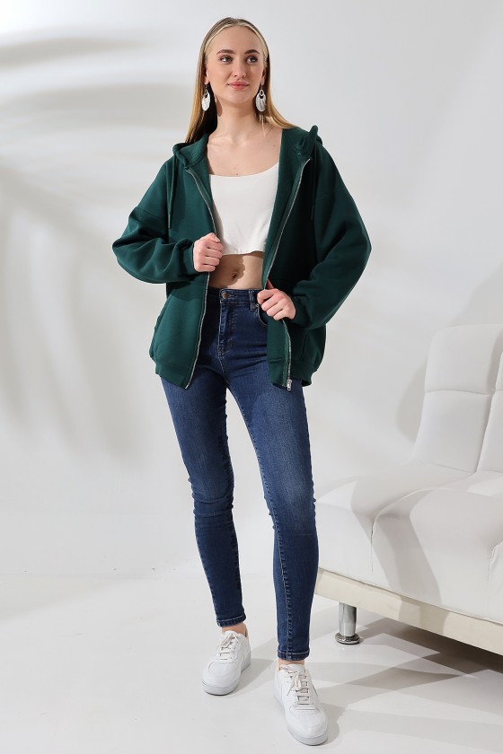 Şardonlu Fermuarlı Kapüşonlu Oversize Sweatshirt 21618 KOYU YEŞİL