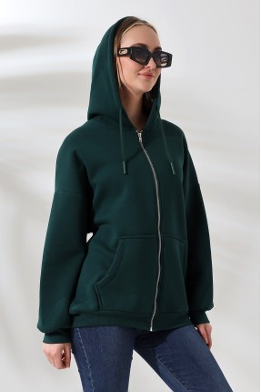 Şardonlu Fermuarlı Kapüşonlu Oversize Sweatshirt 21618 KOYU YEŞİL