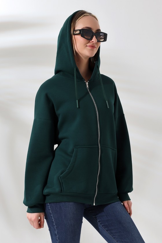 Şardonlu Fermuarlı Kapüşonlu Oversize Sweatshirt 21618 KOYU YEŞİL