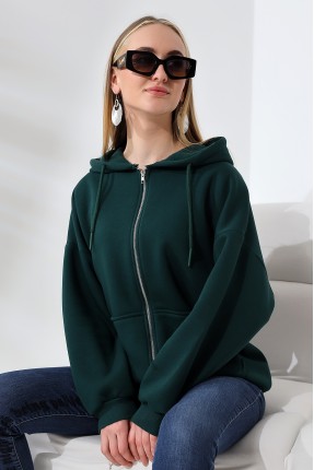 Şardonlu Fermuarlı Kapüşonlu Oversize Sweatshirt 21618 KOYU YEŞİL