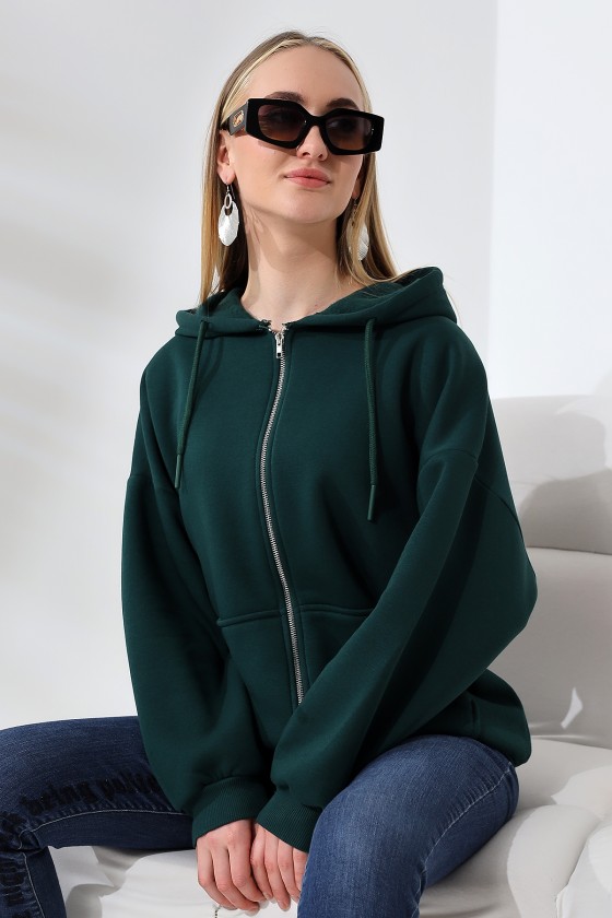 Şardonlu Fermuarlı Kapüşonlu Oversize Sweatshirt 21618 KOYU YEŞİL