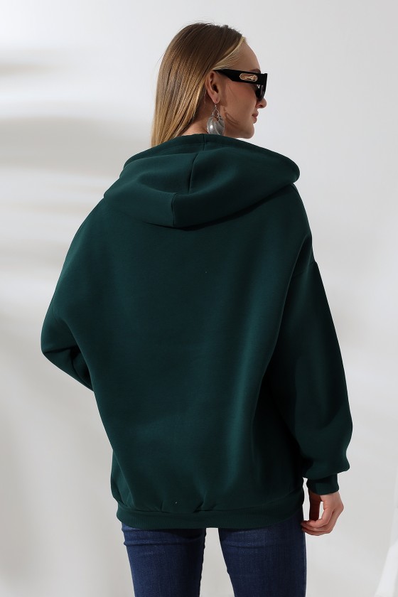 Şardonlu Fermuarlı Kapüşonlu Oversize Sweatshirt 21618 KOYU YEŞİL