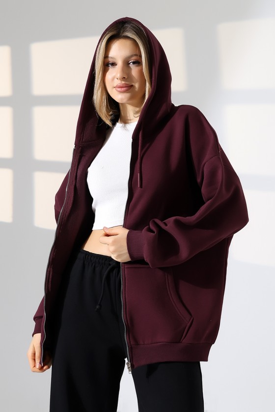 Şardonlu Fermuarlı Kapüşonlu Oversize Sweatshirt 21618 MÜRDÜM